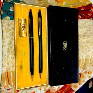 Cross Classic Black & Gold Ballpoint Pen/Pencil Set 2501 W/Box Blue vintage j1